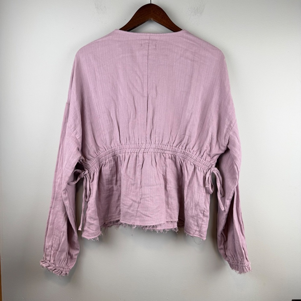 Womens V-Neck Gauze Raw Hem Blouse Large Tie Drawstring Cottagecore Boho Relaxed - Picture 2 of 8